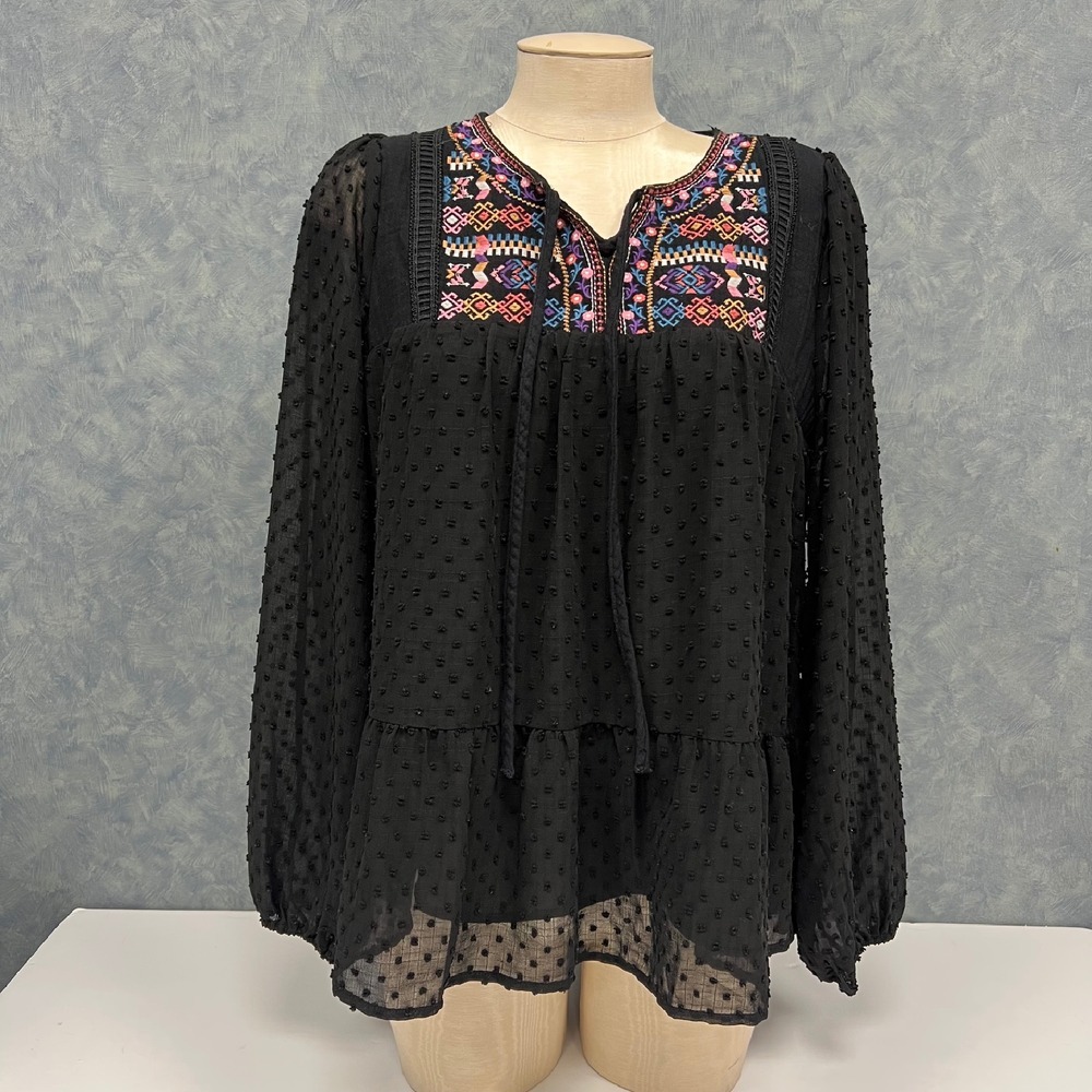 Savanna Jane Peasant Blouse Embroidered Long Sleeve Tiered Black Size S‎